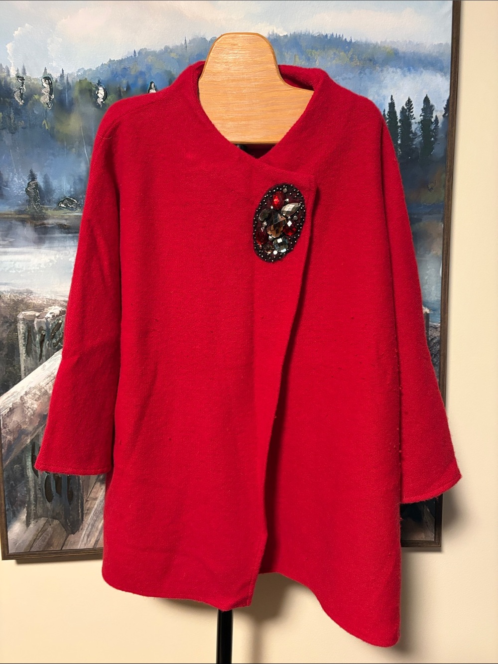 JM Collection Red Open-Front Sweater Coat with Decorative Brooch